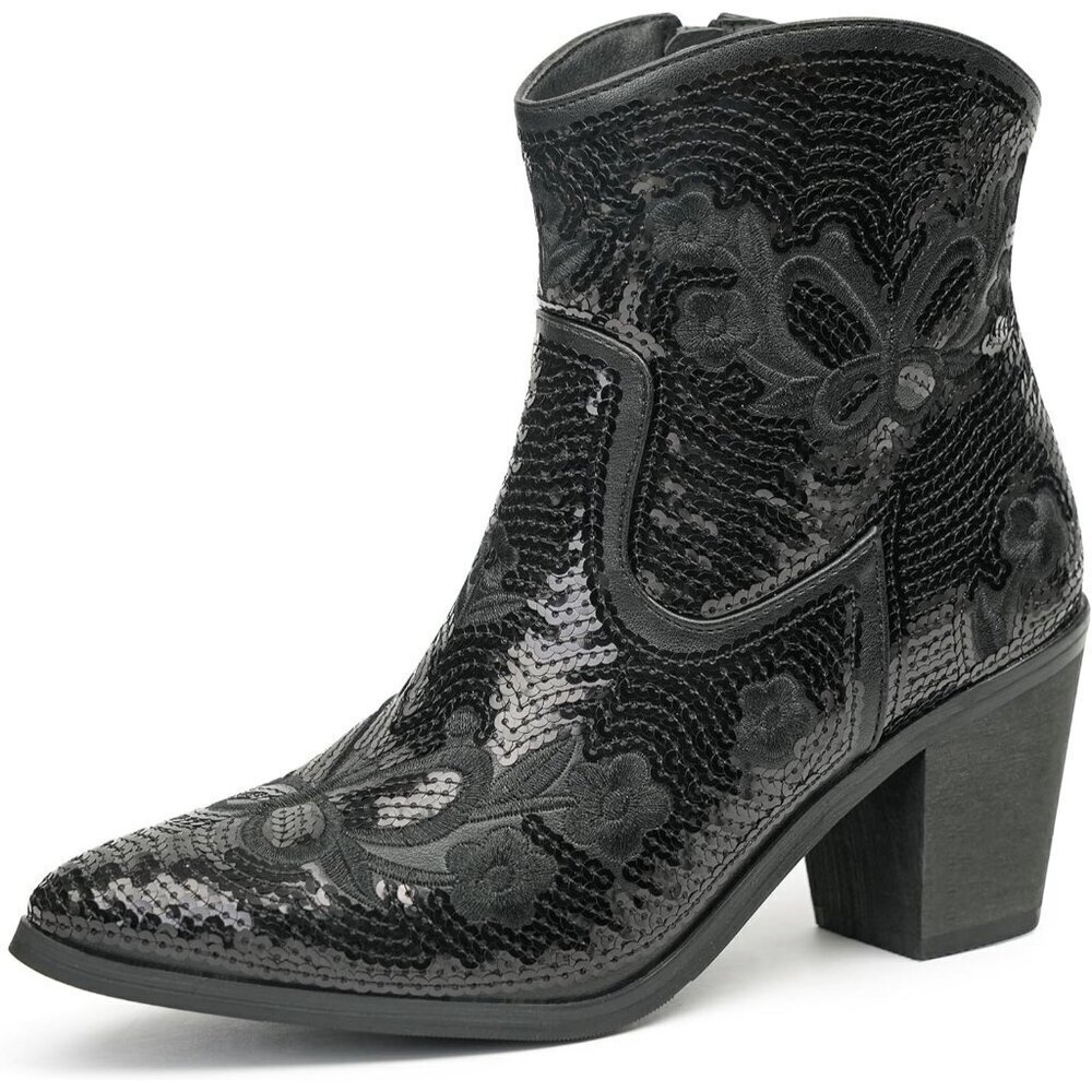 🆕Jabasic Womens Black Western Ankle Shoes with Zipper Short Pointed Toe Booties